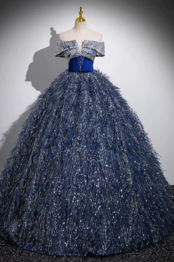 Unique A Line Shiny Sequin Blue Long Prom Gown, Blue Long Evening Dress PFP2537