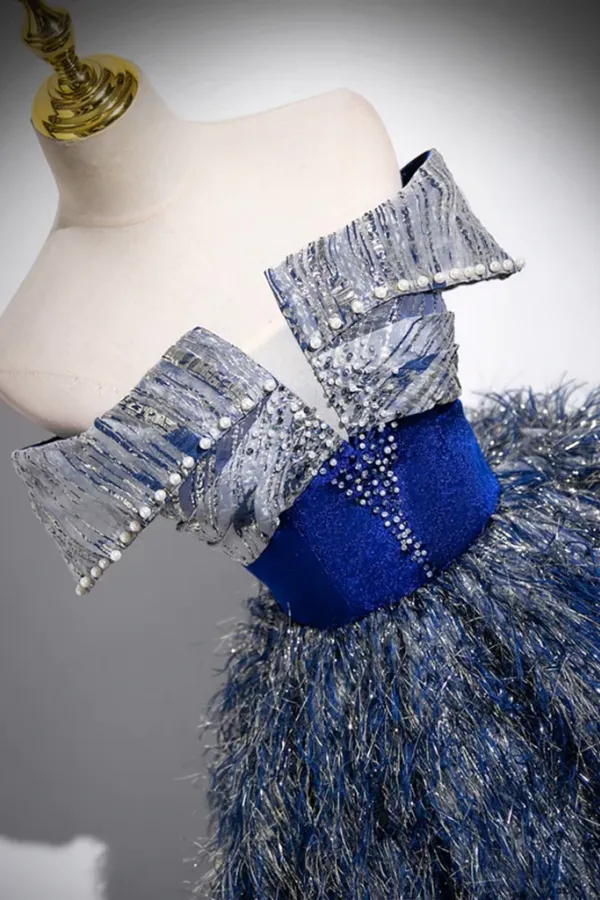 Unique A Line Shiny Sequin Blue Long Prom Gown, Blue Long Evening Dress PFP2537