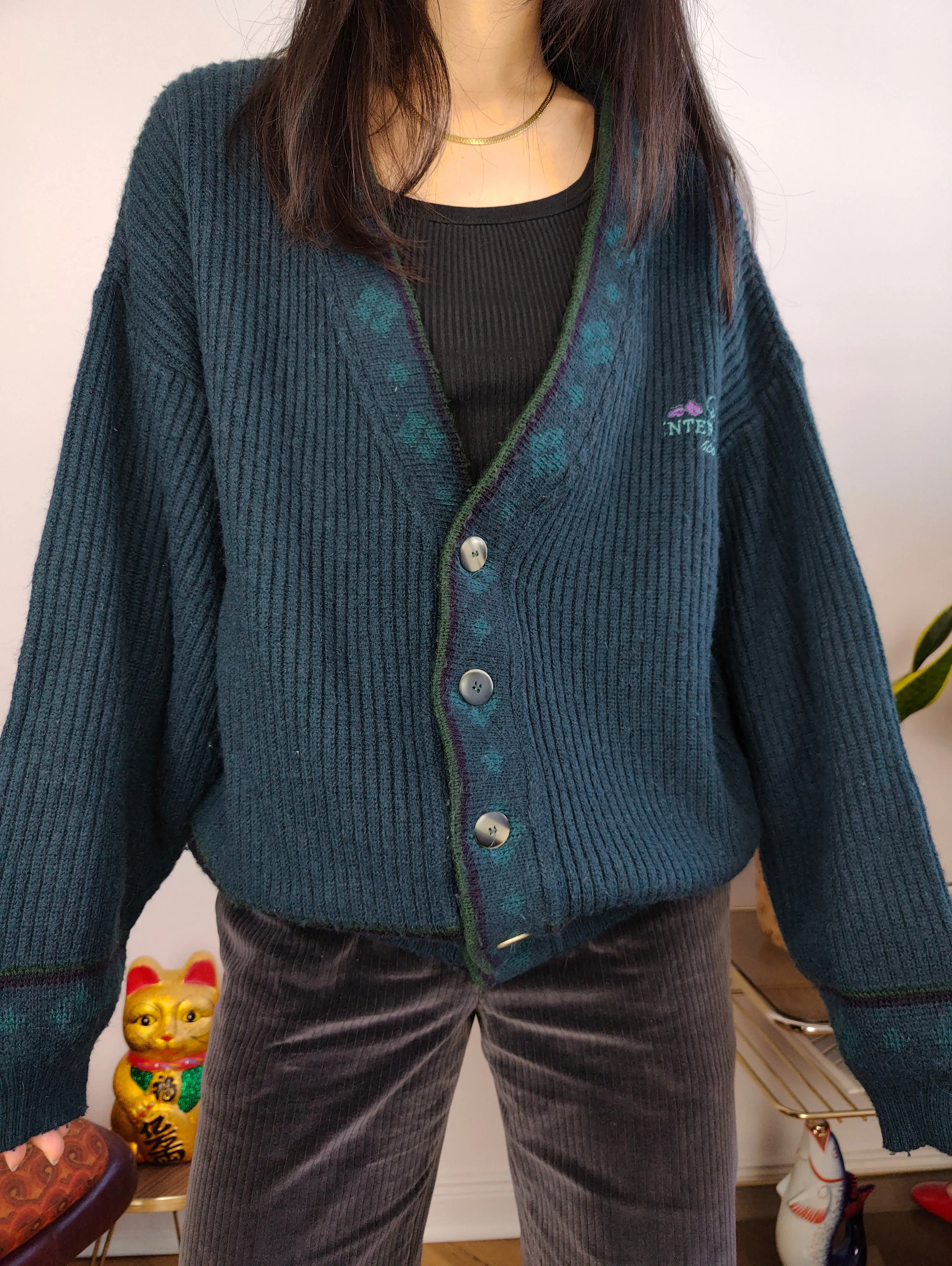 Vintage wool cardigan M | green knit knitted sweater jacket