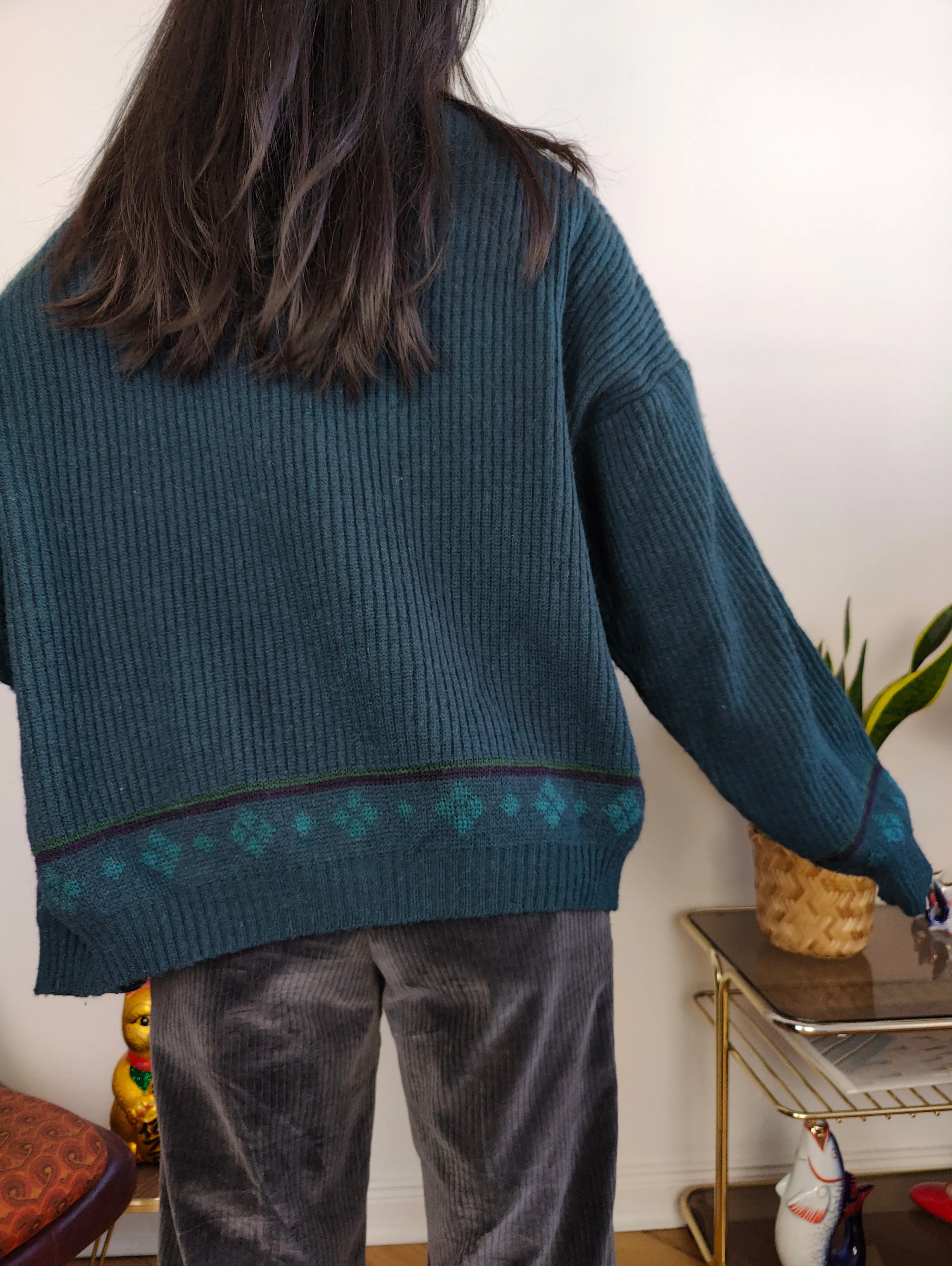 Vintage wool cardigan M | green knit knitted sweater jacket