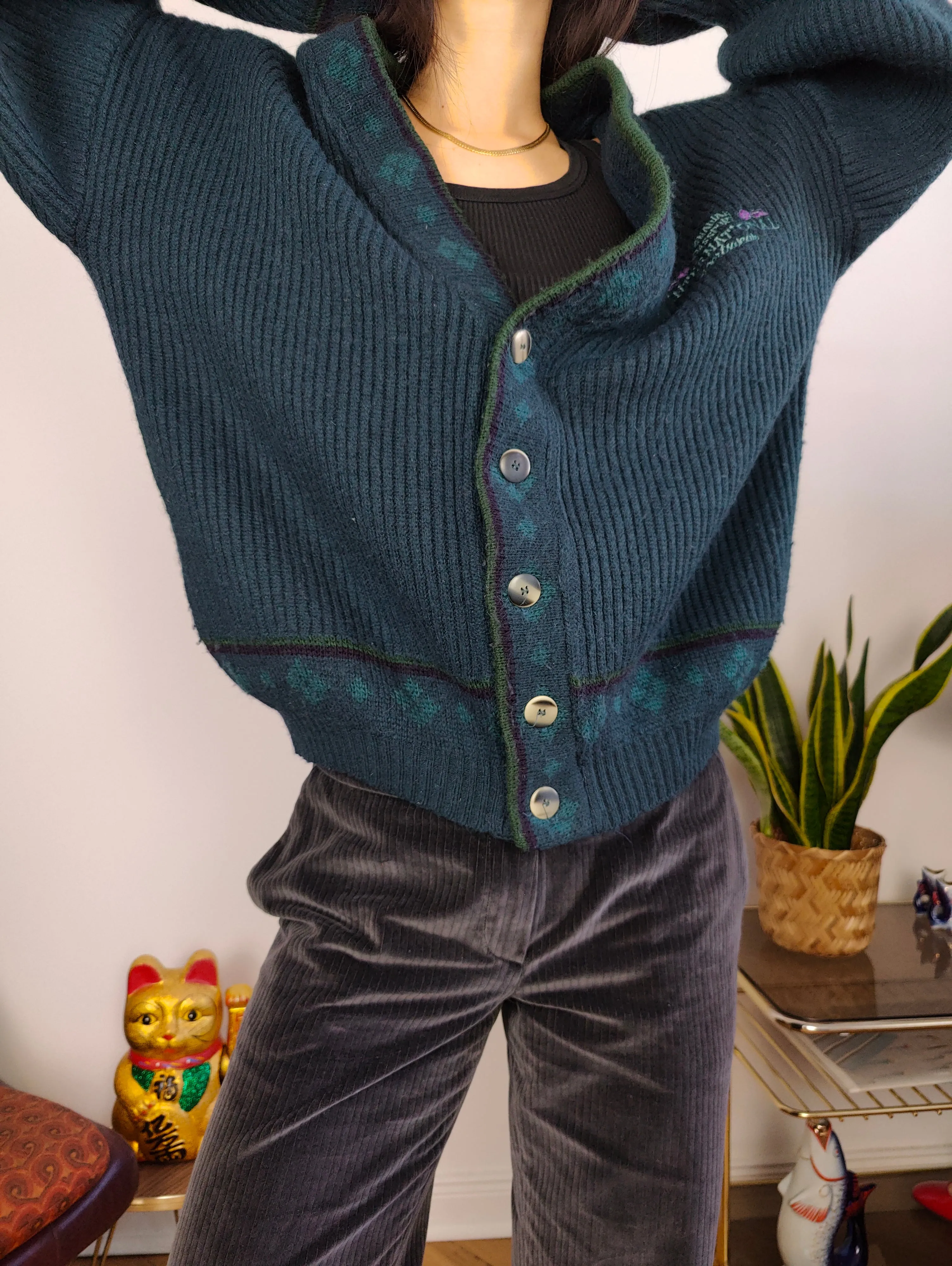 Vintage wool cardigan M | green knit knitted sweater jacket