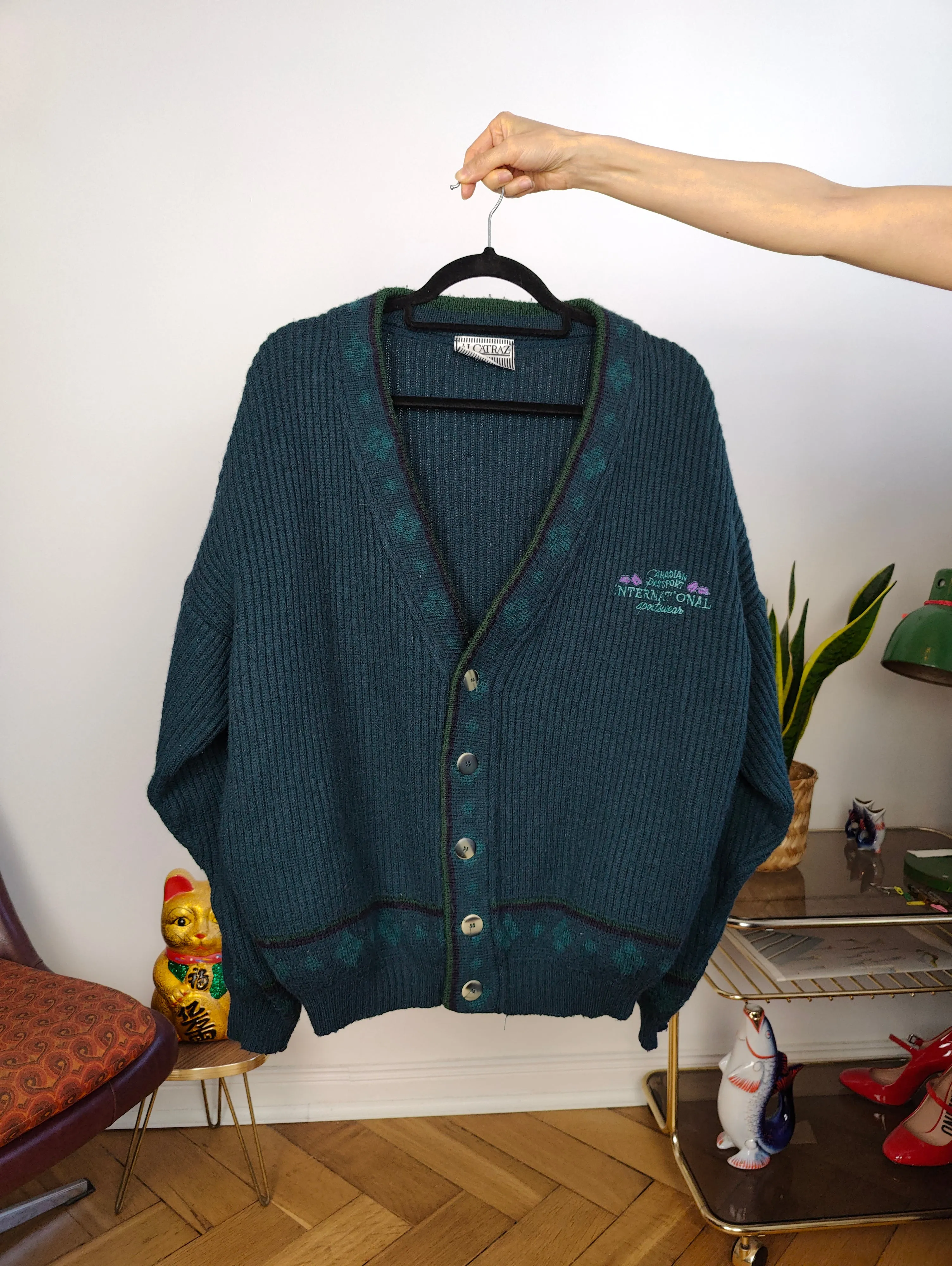 Vintage wool cardigan M | green knit knitted sweater jacket