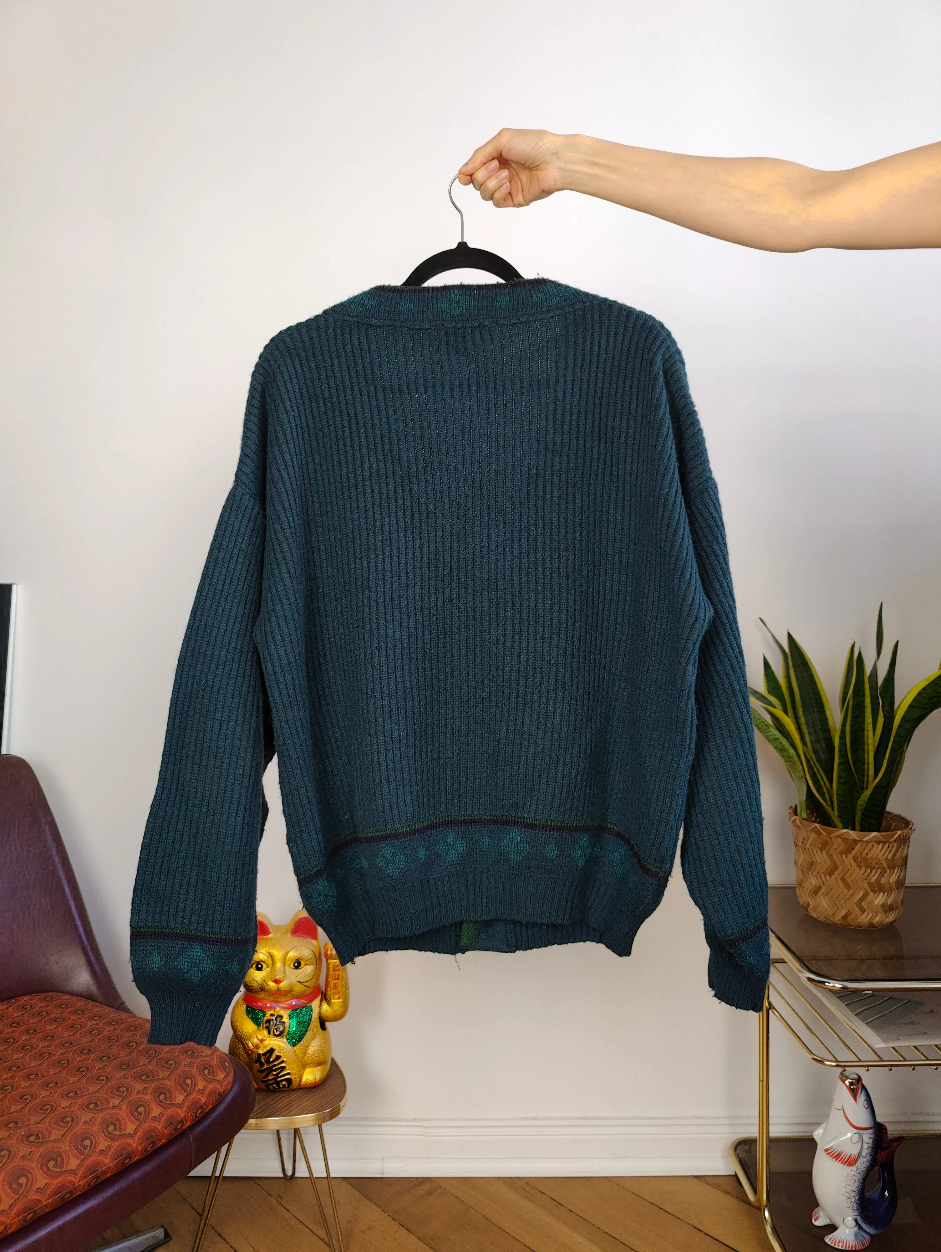 Vintage wool cardigan M | green knit knitted sweater jacket