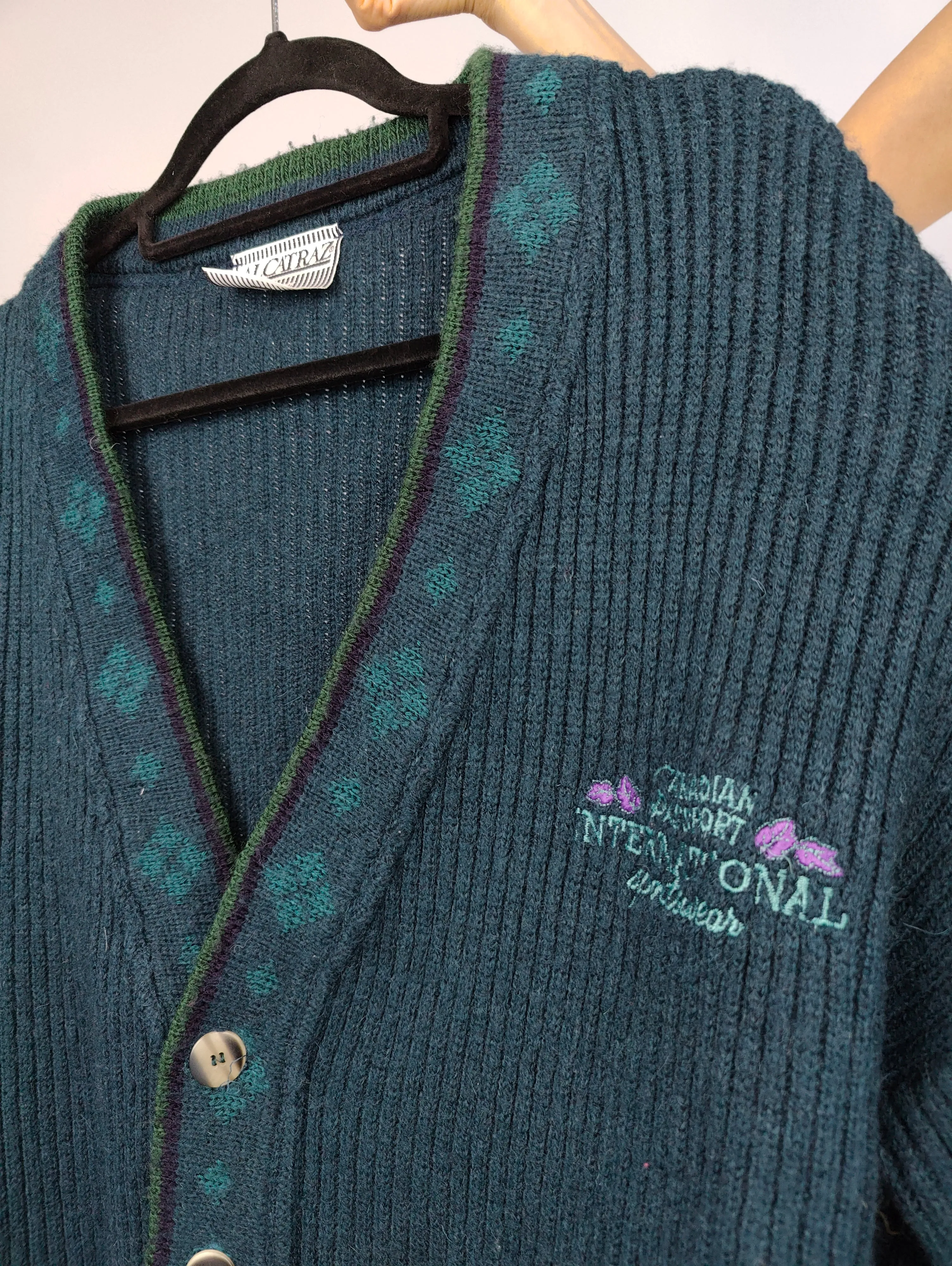 Vintage wool cardigan M | green knit knitted sweater jacket