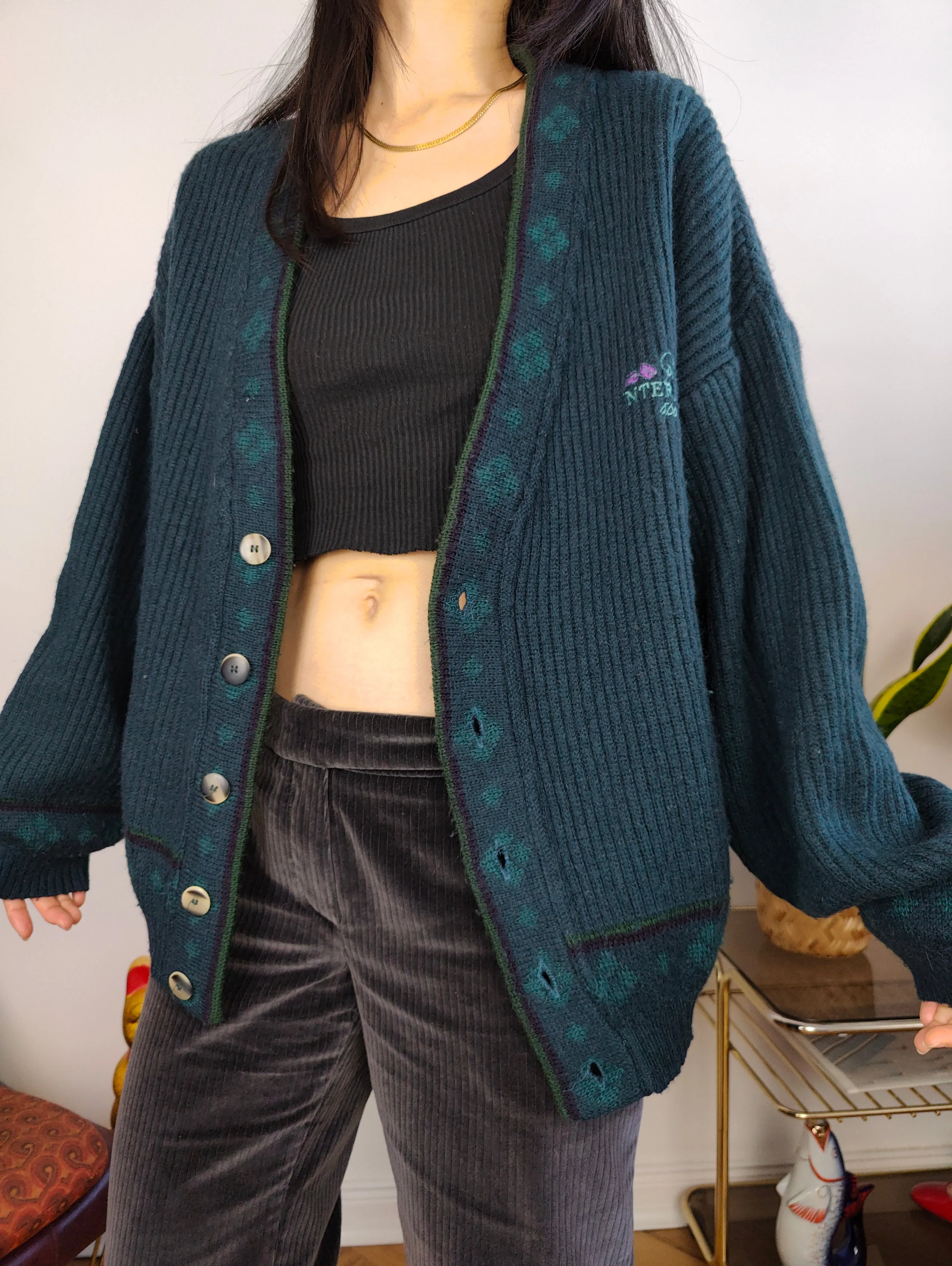 Vintage wool cardigan M | green knit knitted sweater jacket