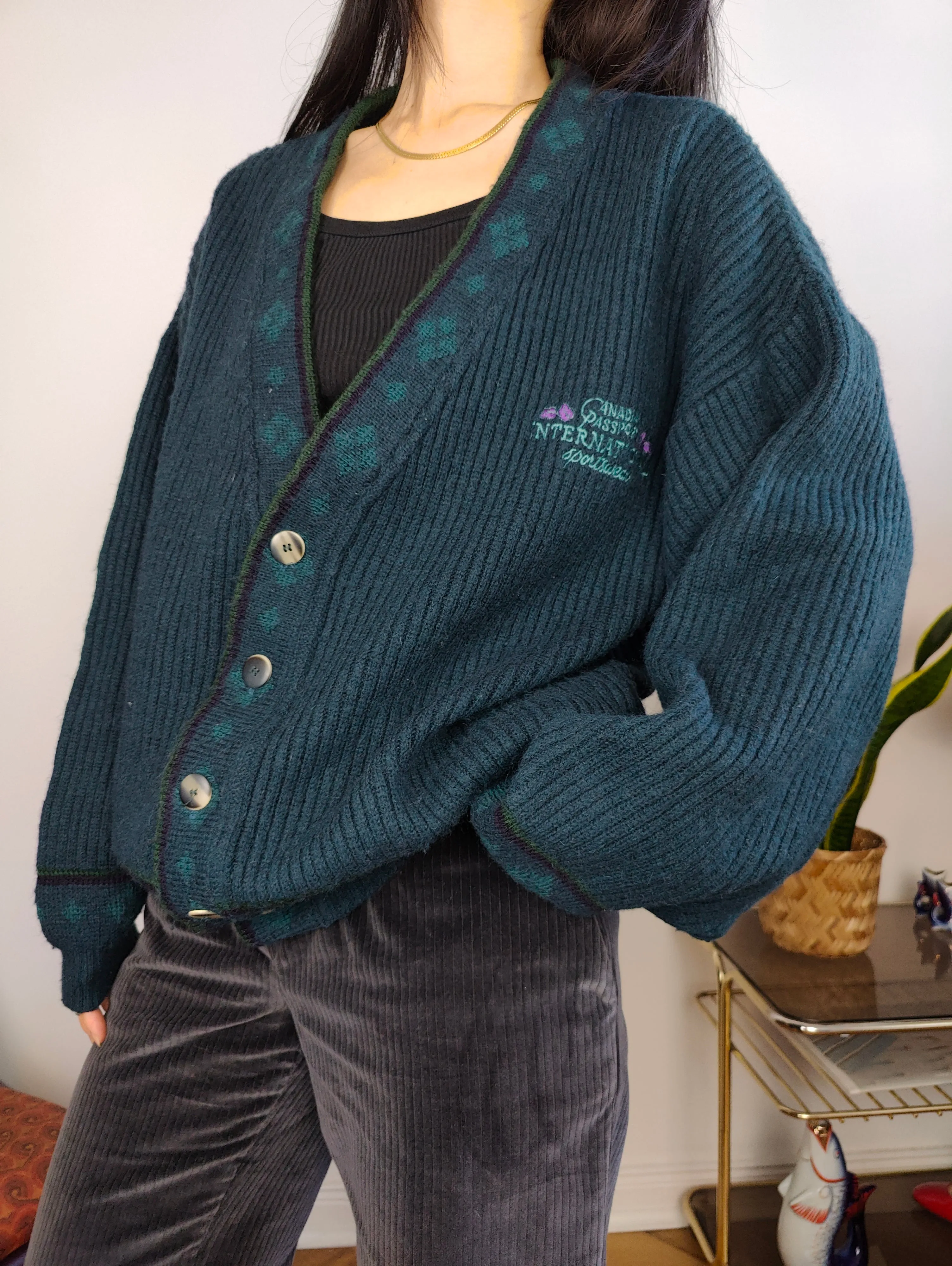 Vintage wool cardigan M | green knit knitted sweater jacket