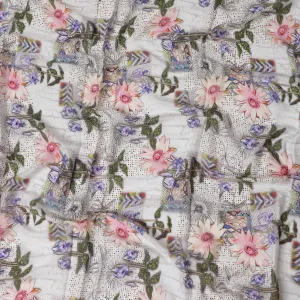 White synthetic crepe fabric with multicolor print in floral design-D17374 (2.5 mtrs)