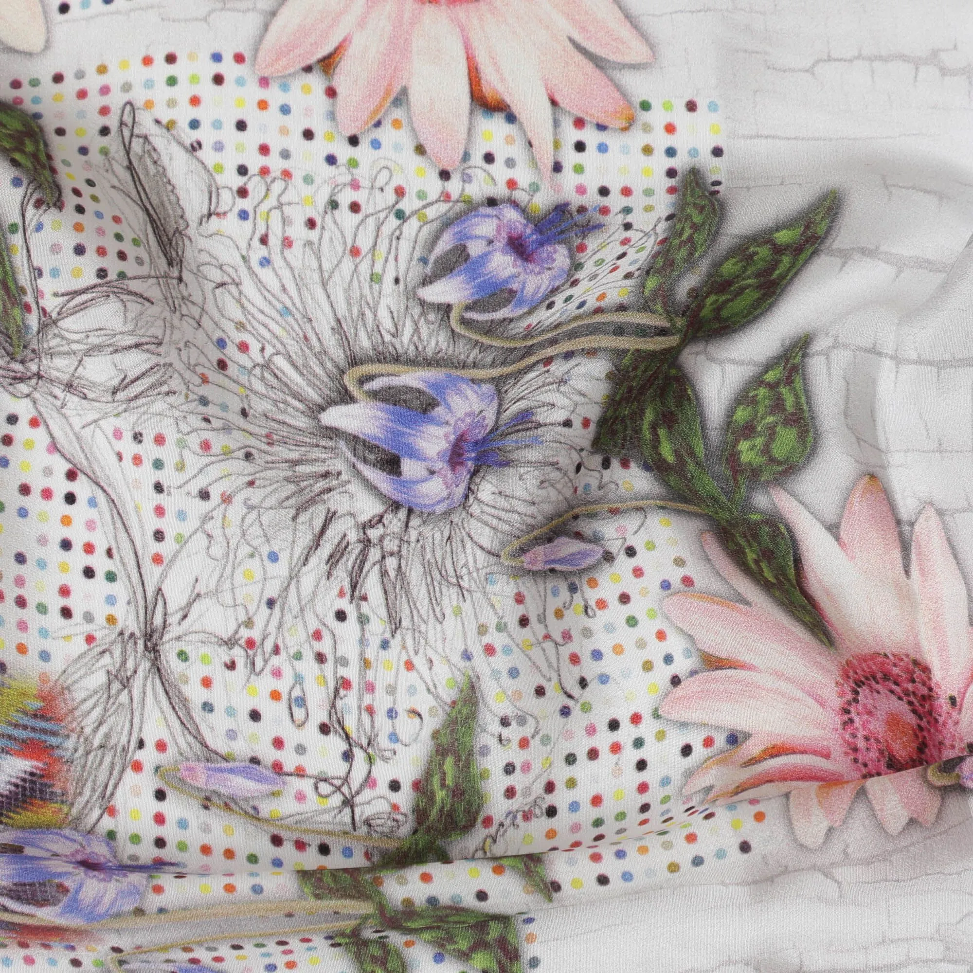 White synthetic crepe fabric with multicolor print in floral design-D17374 (2.5 mtrs)