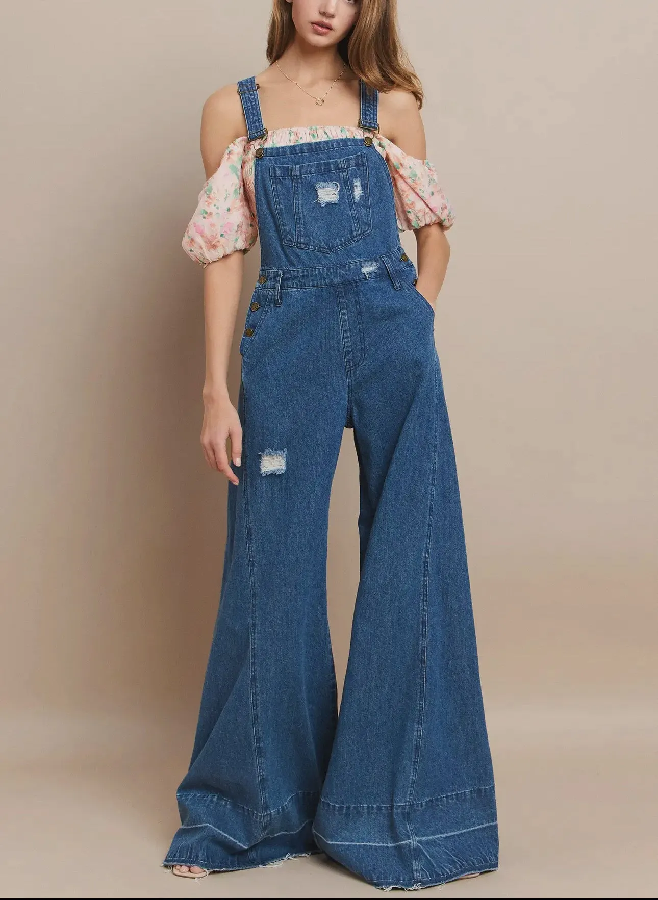 Wide Leg  Distressed  Denim Overalls