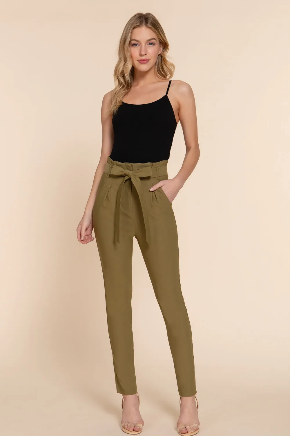 Women's Belted High Waisted Pegged Long Pants