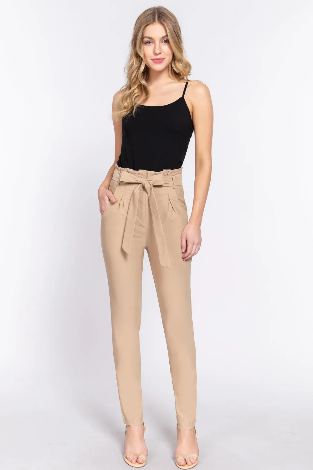 Women's Belted High Waisted Pegged Long Pants