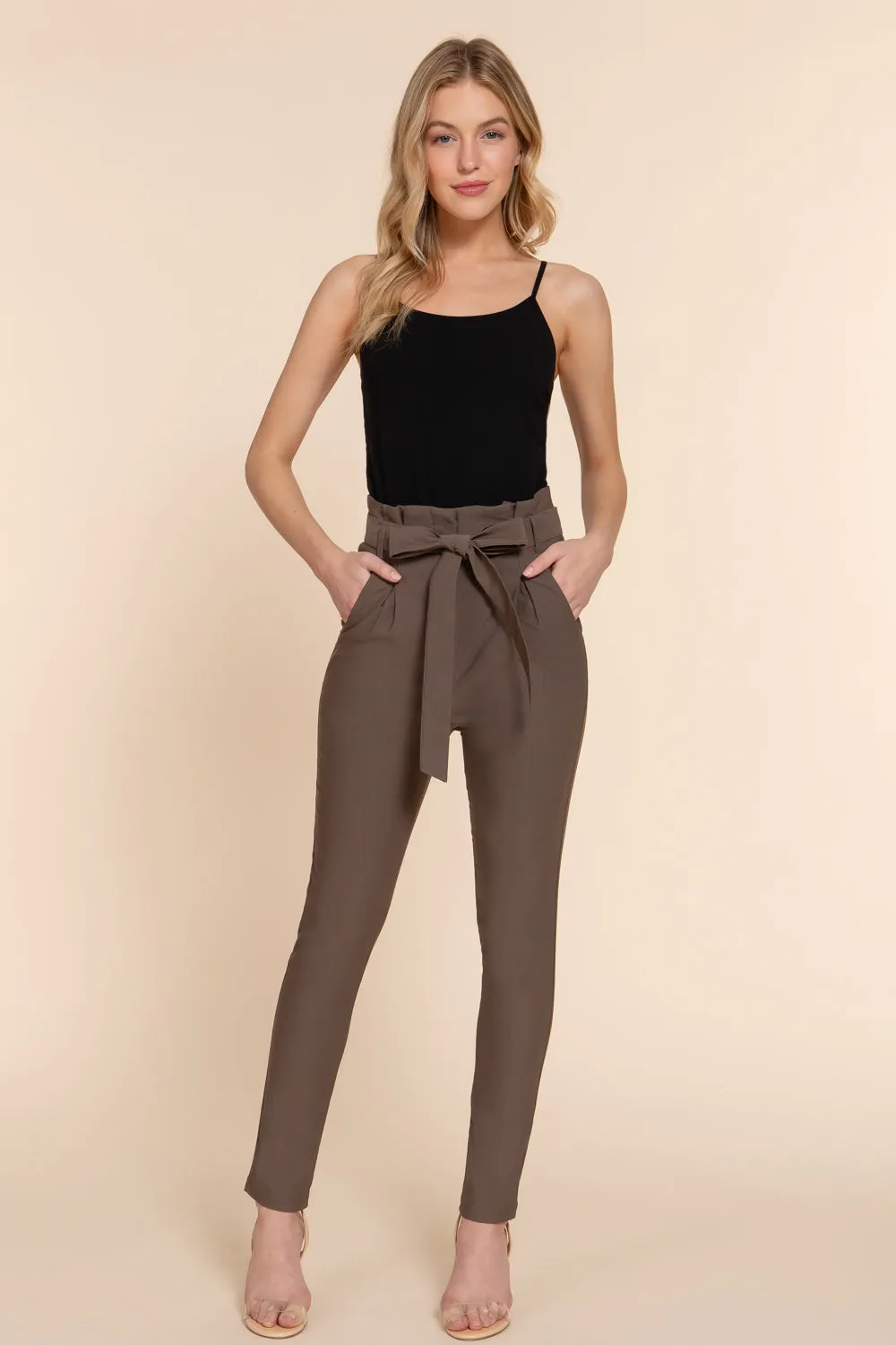 Women's Belted High Waisted Pegged Long Pants