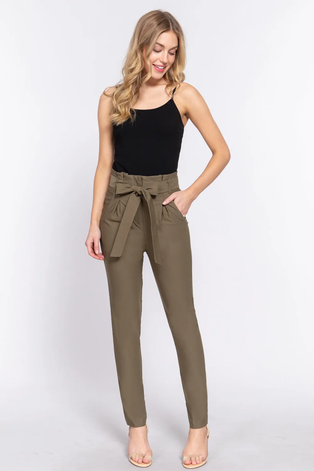 Women's Belted High Waisted Pegged Long Pants