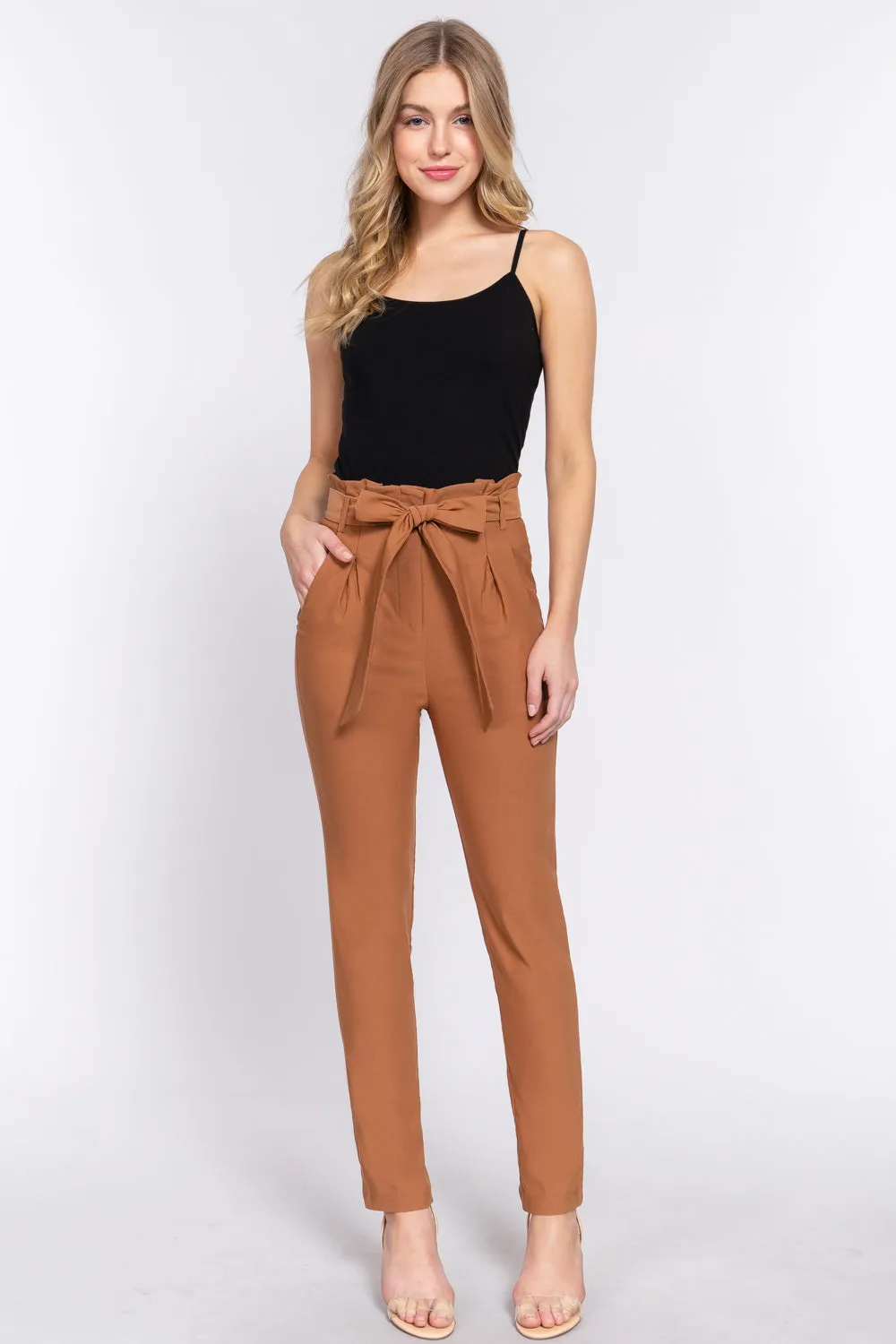 Women's Belted High Waisted Pegged Long Pants