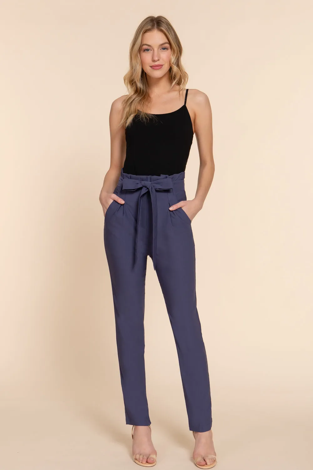 Women's Belted High Waisted Pegged Long Pants