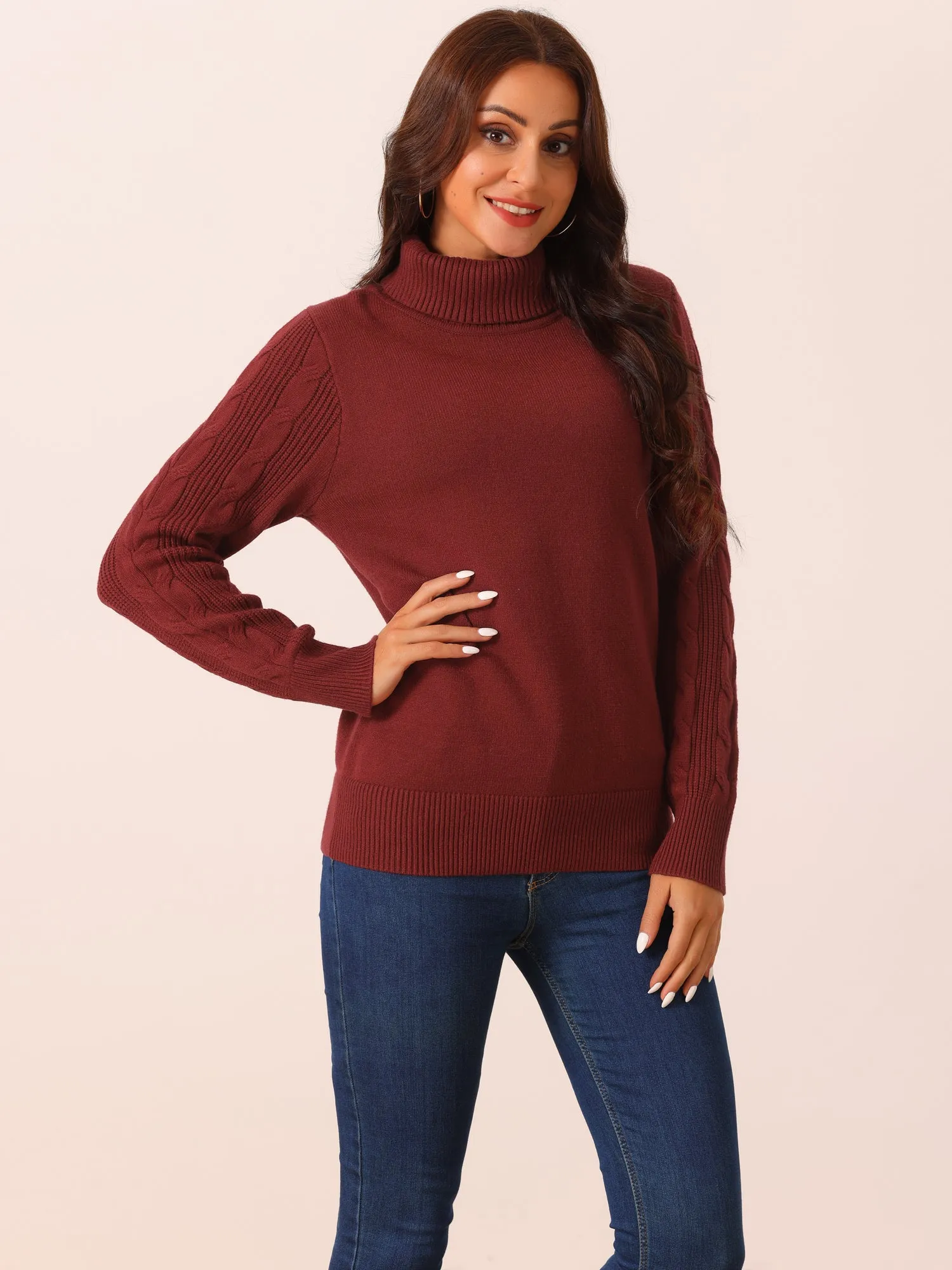 Women's High Neck Long Sleeve Casual Chunky Warm Pullover Sweater Top