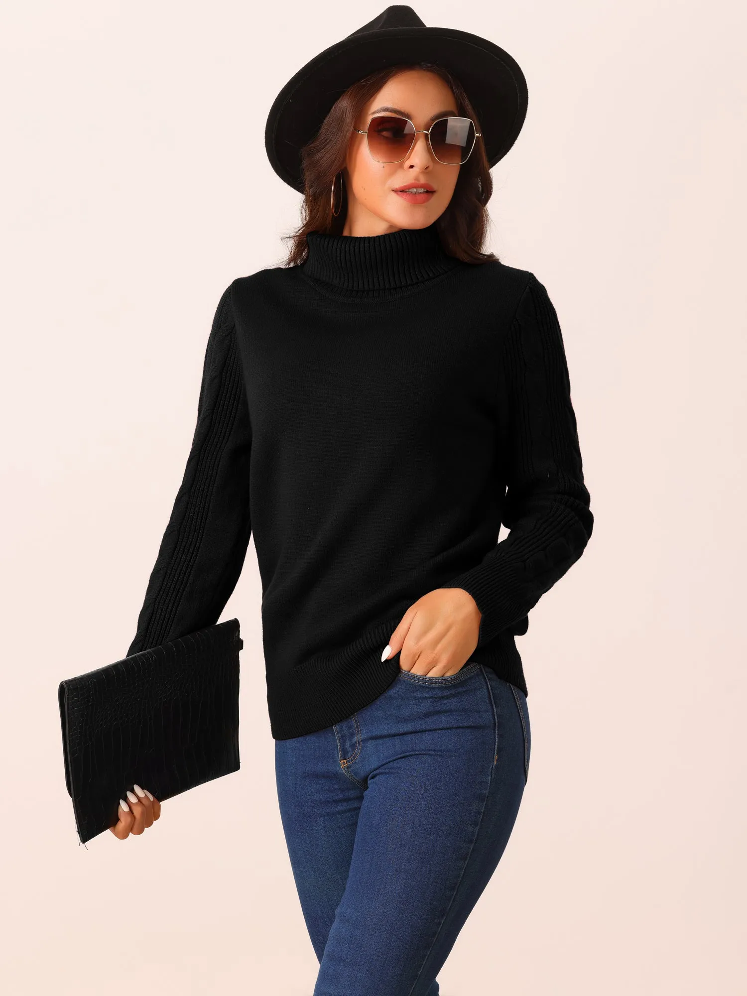 Women's High Neck Long Sleeve Casual Chunky Warm Pullover Sweater Top