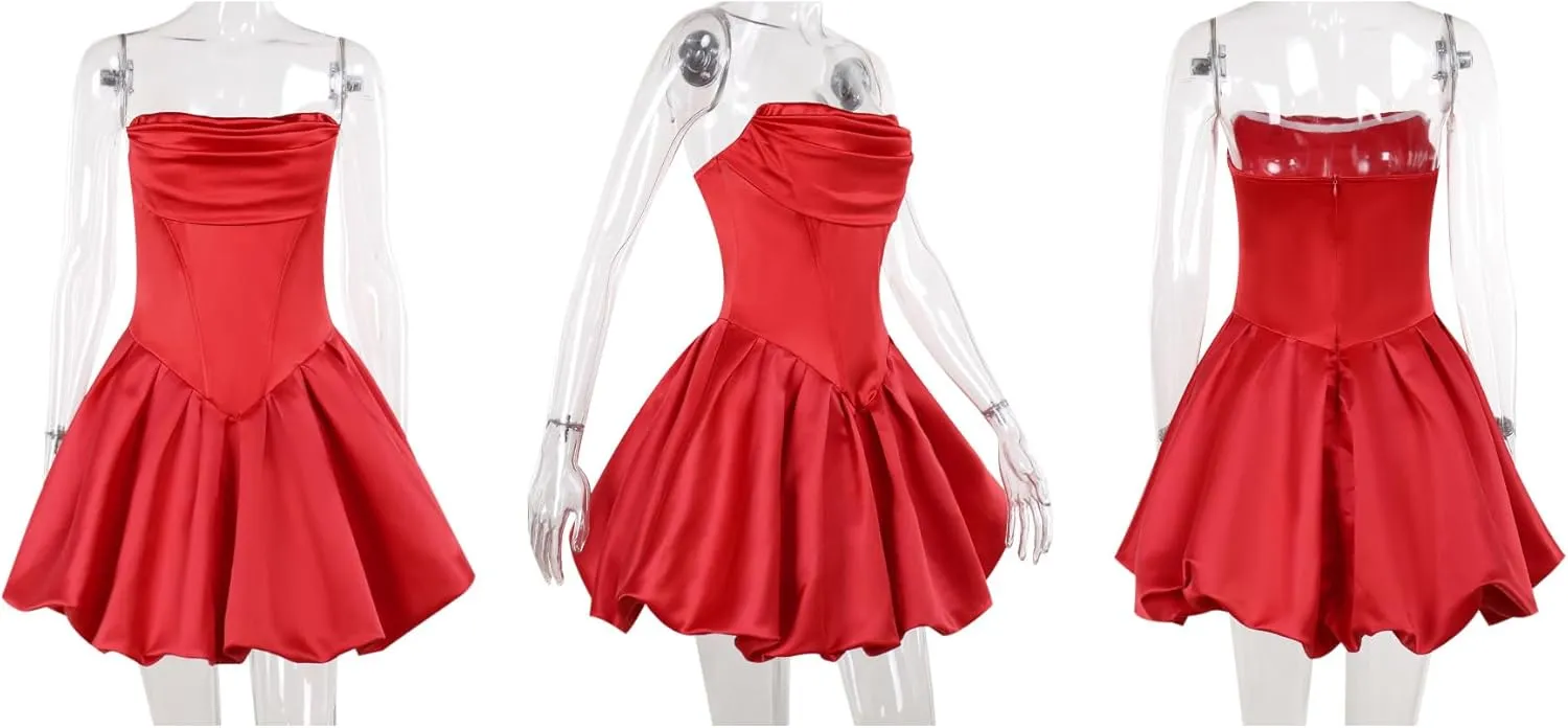 Women's Summer Strapless Bubble Mini Dress Ruched Ruffle Flowy A Line Dress Tube Top Dresses Party Clubwear