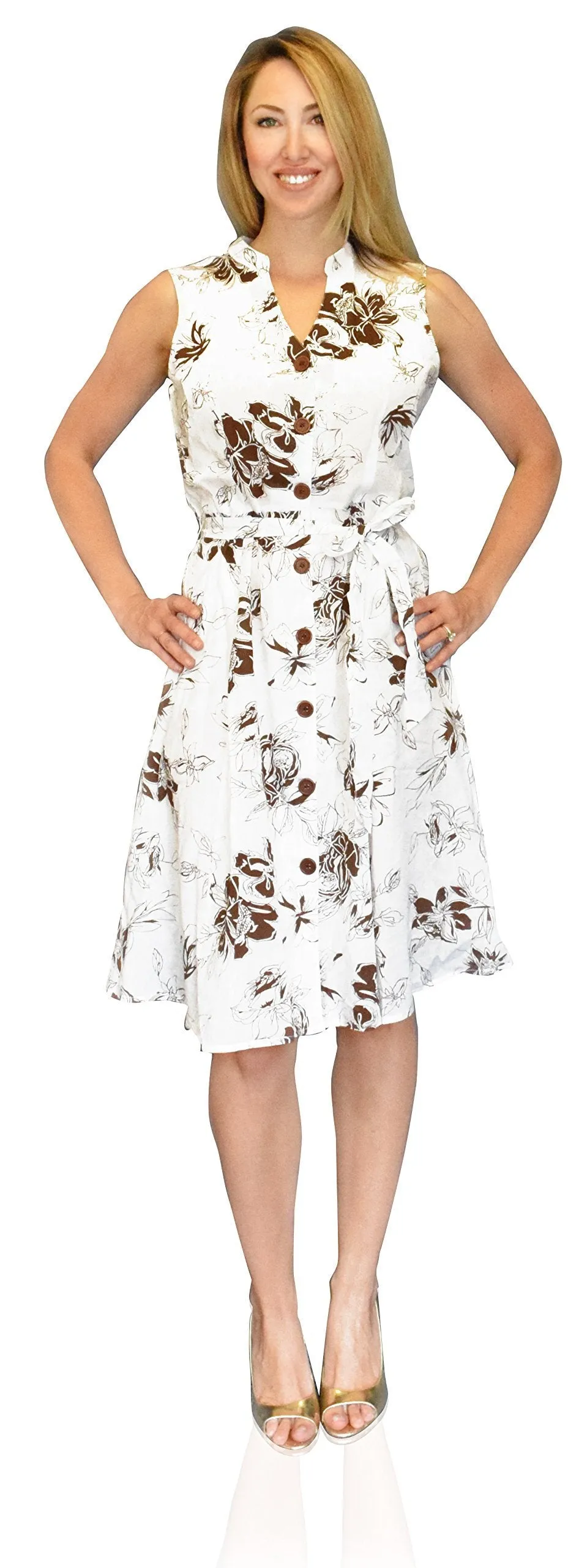 Women's Vintage 100% Cotton Floral Button Up Shift Dress By Peach Couture (Silver Sand Brier)